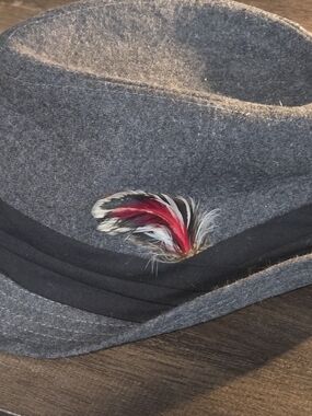 BDG Gray Felt Fedora with Black Band and Red Feather